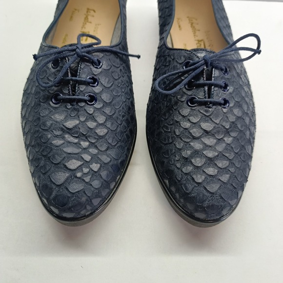 Vtg Salvatore‎ Ferragamo Size 7.5B Lace-up Shoes Blue Snake Embossed Oxfords - Picture 4 of 8